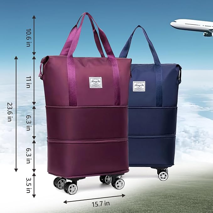 Expandable Foldable Duffel Bag with Detachable Rolling Wheels, Large Carry-On Luggage for Travel, Gym, Camping, Shopping, Business Trip (Blue) - Image 7