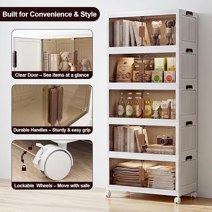 430QT Stackable Storage Bins With Lids, Collapsible Plastic Storage Bins with Wheels and Doors, Foldable Plastic Cabinets for Bedroom Dorm Garage - Image 7