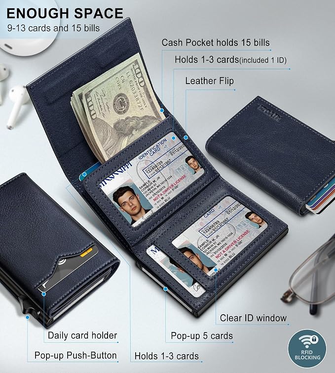 Wallet for Men,with Cash Pocket 2 ID Window 9-13 Cards,Metal Case Smart Slim Pop Up Credit Card Holder Flip with Magnetic Closure RFID Blocking Trifold wallet with Gift Box - Image 2