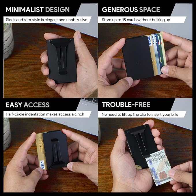 Minimalist Wallet for Men, Slim Metal RFID Blocking Wallet Credit Card Holder Money Clip & Cash Strap, Scratch-Resistant Holds 15 Cards,Ideal Gift for Men | Matt Black - Image 5