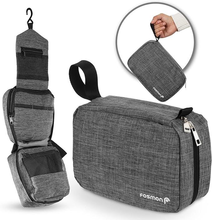 Fosmon Hanging Travel Toiletry Bag, Compact Travel Organizer | Water-resistant nylon, multiple pockets for toiletries/makeup, lightweight, ideal for men/women, shower and travel use. by Fosmon