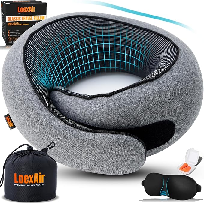 LOEXAIR™ Travel Pillow, Neck Pillow Travel for Airplane, Car - 100% Cotton Fabric & Memory Foam Plane Pillow, Lightweight & Easy-to-Carry on Flight, Full Travel Set (Eye Mask, Earplugs) - Light Grey by LoexAir