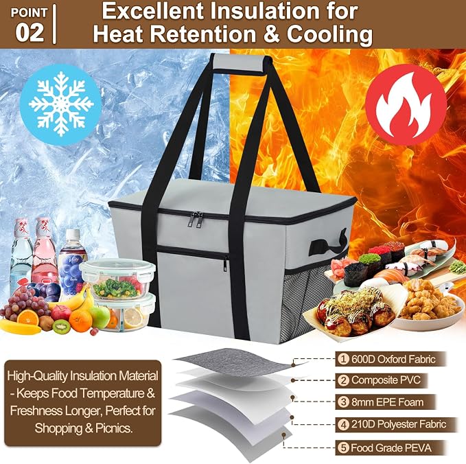 Reusable Grocery Bag – Expandable Insulated Cooler Bag with Bottom Board, Collapsible Insulated Shopping Bag with Zipper & Drawstring, Heavy Duty Tote Bag for Shopping, Delivery, Picnic, Beach - Image 2