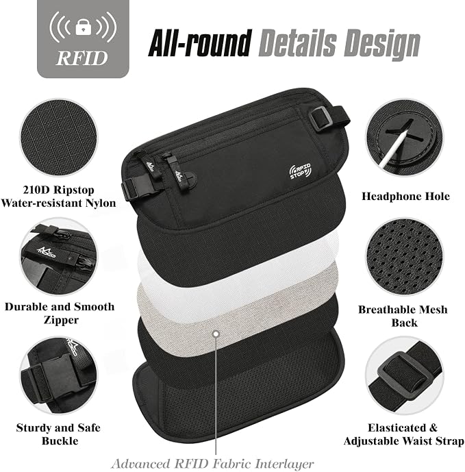 MoKo Travel Money Belt, Hidden RFID Blocking Passport Wallet, Black | Slim money belt has three pockets, breathable backing, water-resistant nylon, and an adjustable 28-50 in waist strap - Image 5
