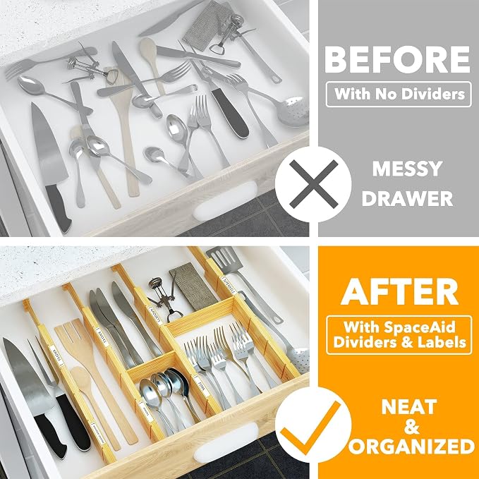 SpaceAid Bamboo Drawer Dividers with Inserts and Labels, Kitchen Adjustable Drawer Organizers, Expandable Organization for Home, Office, Dressers and Bathroom, 6 Dividers with 12 Inserts (13.25-17 in) - Image 3
