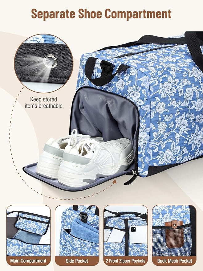 Lekesky Foldable Travel Duffle Bag for Women, Large Duffel Bag with Separate Shoes Compartments & Straps, Carry On Weekend Bag for Women (Blue Floral Print, 80L) - Image 4