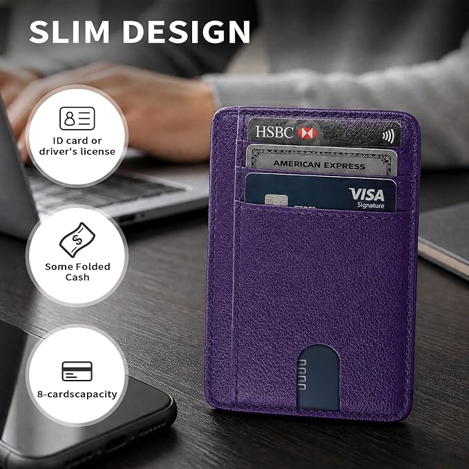 Slim Minimalist Front Pocket RFID Blocking Leather Credit Card Holder, Small Compact Wallet with ID Window for Men and Women (Purple) - Image 6