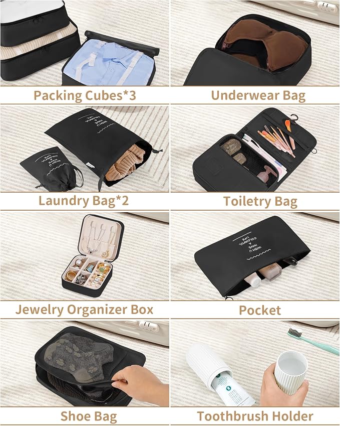 Packing Cubes 11 Set, Suitcase Organizers, Luggage Organizer Bags, with Toiletry Bag, Travel Essentials, Black - Image 7