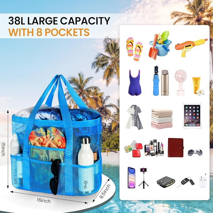 Tavaleu Mesh Beach Bag, Large Capacity Beach Tote, Multi Pockets, Sandproof | Mesh Material, Multiple Storage Pockets, Lightweight & Foldable Design, For Beach & Pool Use, Easy to Clean & Quick Dry - Image 4