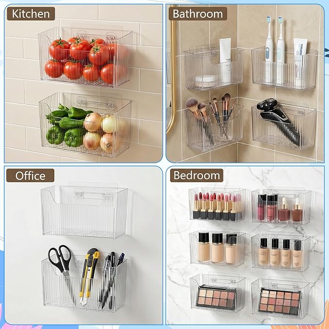 6 Pack Clear PVC Storage Organizer Bins, Wall Mounted Adhesive Baskets for Cabinet Door, Kitchen, Bathroom & Pantry Organization - Image 6