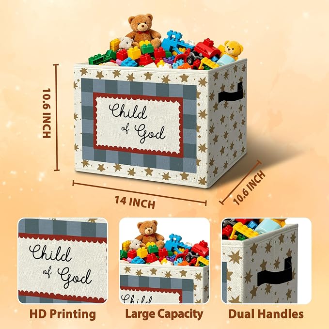 Christian Religious Positive Storage Bins Box with Handles Organizer Basket | faith gold star foldable basket for organizing, checkerboard collapsible toys clothes for playroom nursery bedroom, 10x14 in - Image 3