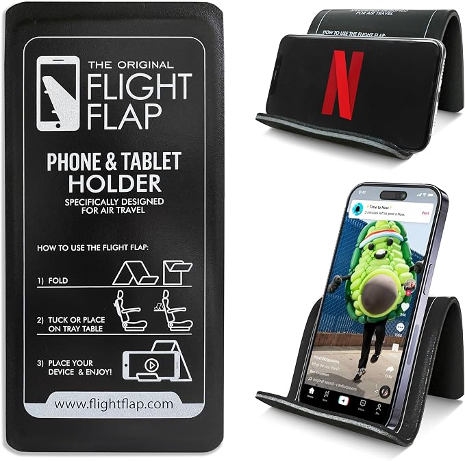 Airplane Phone Holder - Foldable Phone Stand for Plane Travel | Aluminum Build, 9 x 4.3 in. Matte Black Finish, Tabletop Mount Desk, Plane Tray Seat back, Treadmill, Fits iPhone Cell Phone by FlightFlapbyFolden
