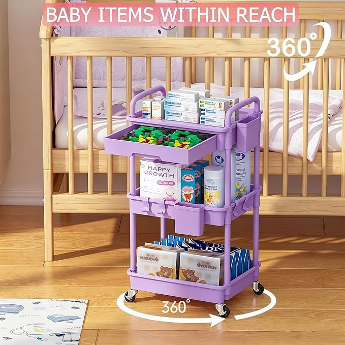 REBECAT 3 Tier Rolling Cart with Drawer, Utility Storage Cart on Wheels for Kitchen, Bathroom, Living Room,Office(Purple) - Image 3