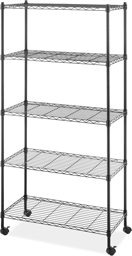 Whitmor 5 Tier Supreme Shelving Unit, Metal Storage Shelves, Adjustable Heavy Duty Shelf with Wheels, 400 lbs Capacity per Shelf, 2000 lbs Total for Pantry, Garage, Kitchen, Black by Whitmor