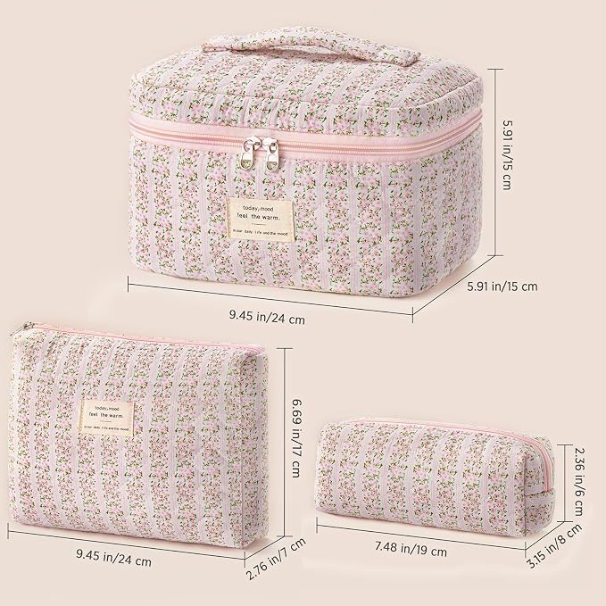 HBselect Quilted Makeup Bag, 3Pcs Cotton Large Travel Makeup Bags Organizer | Cute Floral Make up Bag Cosmetic Bag Toiletry Bag for Women Girls, Makeup Pouch for Skincare, Brushes & Travel Essentials - Image 6
