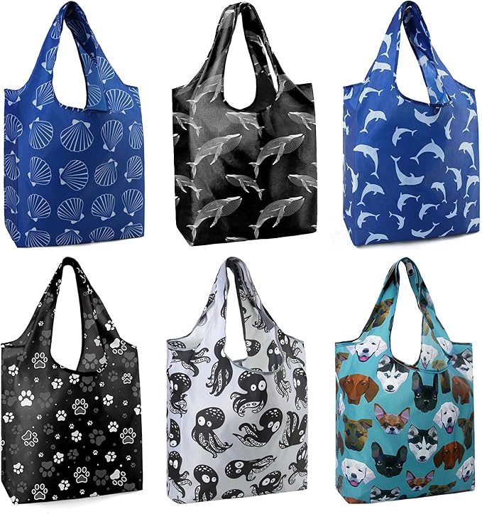 BeeGreen Animal Reusable Shopping Bags Cute Grocery Bag 6 Pack, Christmas Gift Bags Heavy-Duty Foldable Shopping Totes for Supermarket, Work & Travel, Large Washable Polyester Tote Bag with Handles by BeeGreen