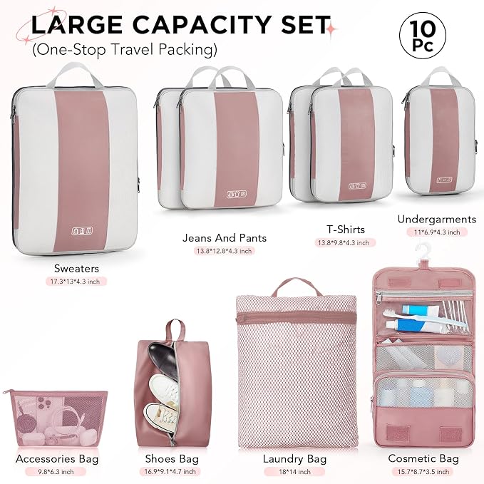 OlarHike 10 Set Compression Packing Cubes for Travel Essentials,Compressible Expandable Space Saver Bags for Organizing Clothes,Luggage Suitcase Garment Bags with Over 1000 pcs Mesh Holes(Light Coral) - Image 2