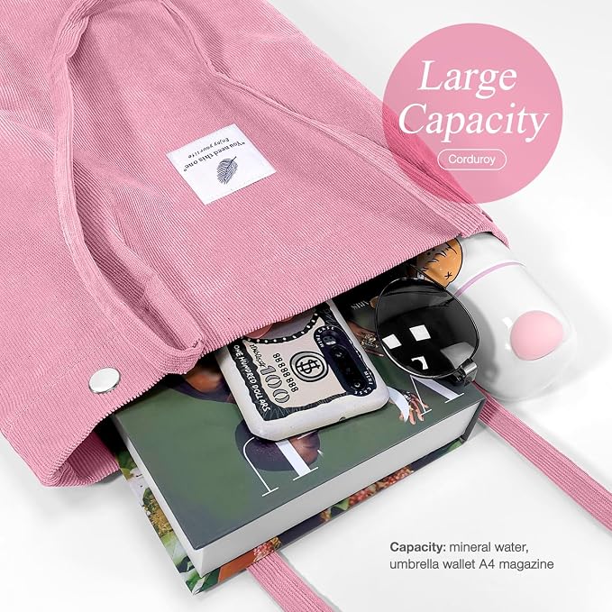 LHMTQVK Corduroy Tote Bags for Women, Large Capacity Tote Purse Reusable Grocery Shoulder Bag with Inner Pockets - Image 5