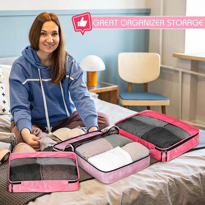 5 Pcs Packing Cubes for Suitcase Large Travel Cubes Carry on Luggage Organizer Bags for Clothes Accessories(Mixed,Pink) - Image 6