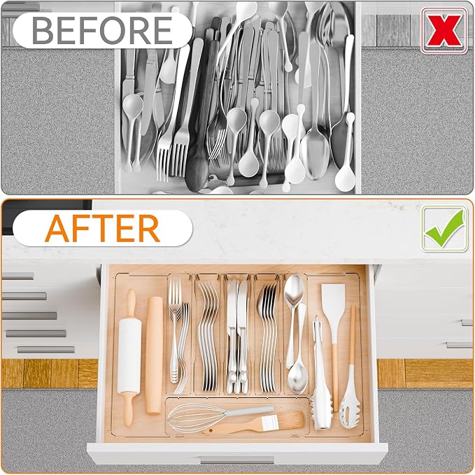 Large Clear Expandable Silverware Drawer Organizer for Kitchen,BPA FREE Adjustable Utensil Drawer Organizer and Silverware Tray,Plastic Flatware Organizers,Cutlery,Knife,Fork and Spoon Holder - Image 7