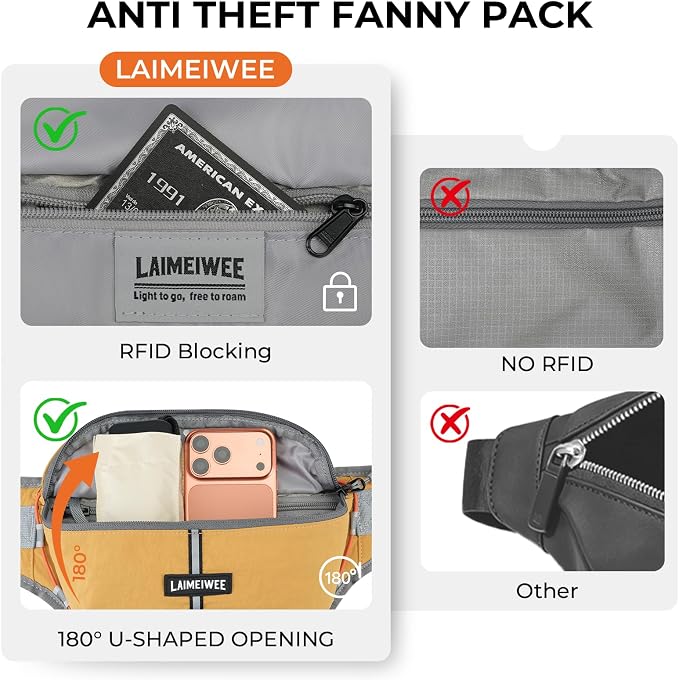 Fanny Pack for Women Men, Water-Resistant Travel Waist Pack with RFID Blocking, Wide Opening Crossbody Belt Bag for Phone, Passport, Small Hip Pack for Running, Hiking, Workout（Ginger） - Image 3