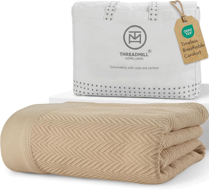 Threadmill Luxury Cotton Blankets for Twin Size Bed | All-Season 100% Cotton Twin Blanket for Bed | Herringbone, Soft & Cozy Fall Thermal Blanket, 350GSM, 68x92 inches | Beige | 100% Cotton, Herringbone Pattern, 350 GSM, 68x92 in, Breathable, Moisture-... by ThreadmillHomeLinen