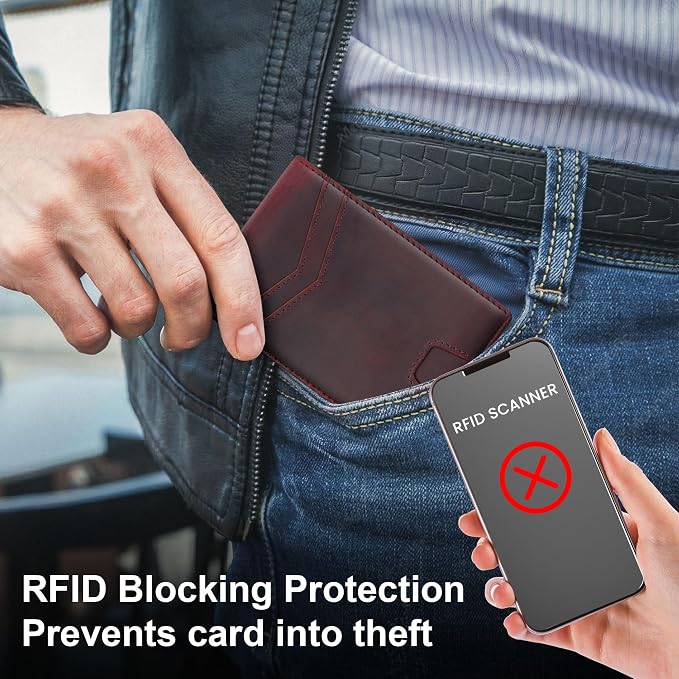Slim Genuine Leather Wallet: Thin RFID Wallet 12+ Card Hold | Top Grain Leather Wallet with Magnetic Money Clip Inside - Minimalist Front Pocket Wallets - Gifts for Men with Gift Box - Image 4