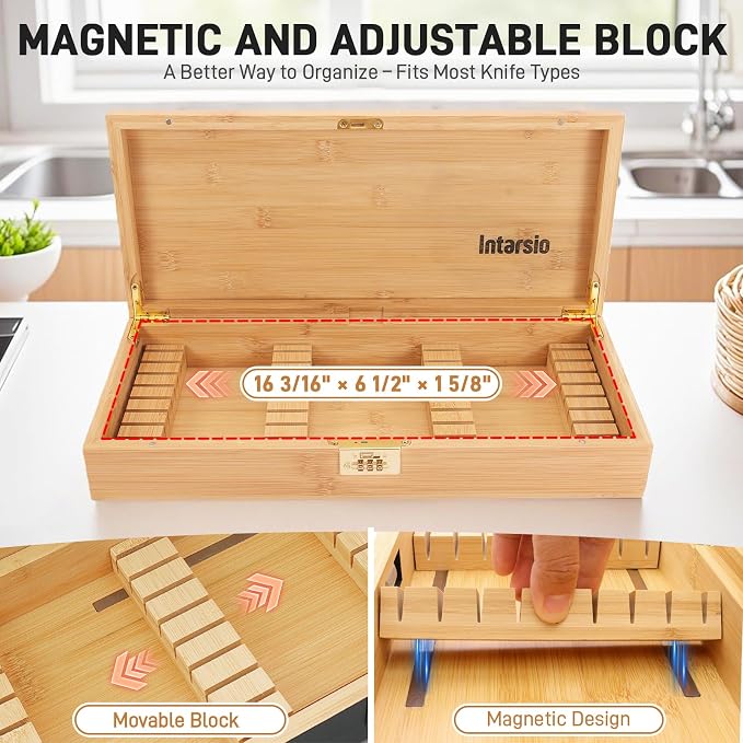 Upgraded Lockable Large Bamboo Knife Storage Box with Magnetic Removable Knife Blocks for Easy, Quick and Safe Culinary Tools Storage, Keyless Kitchen Combination Lock Box, Great Kitchen Gifts - Image 6