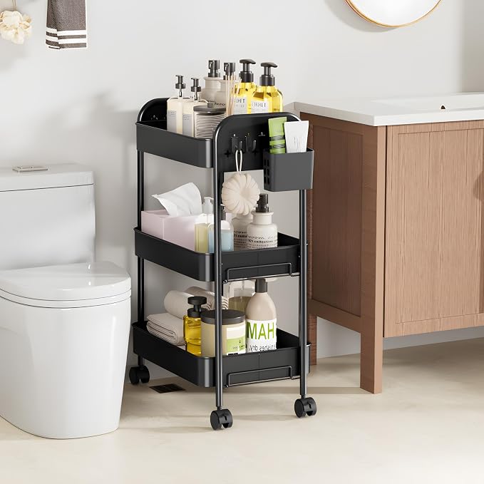 Heavy-Duty Rolling Cart 3 Tier Metal Utility Storage Cart | with Casters, Hooks & Hanging Cups, Rolling Storage Organizer for Kitchen Office Craft Snack Book - Image 5