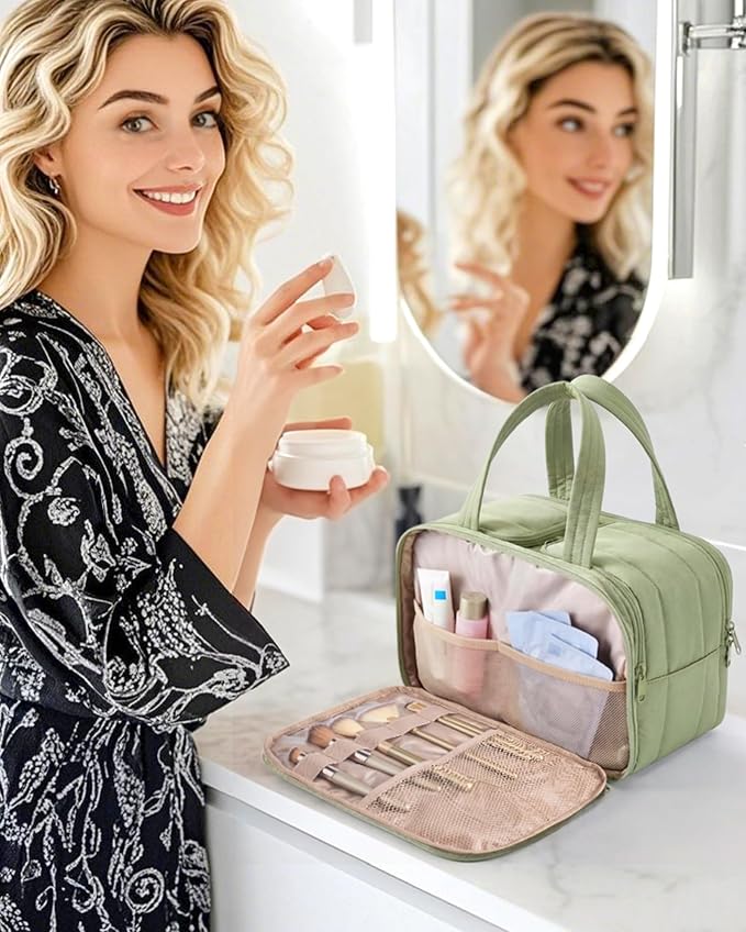 BAGSMART Travel Toiletry Bag, Puffy Large Toiletry Bag for Women, Lightweight Cosmetic Makeup Bag Organizer with Handle for Traveling, Accessories, Essentials, Toiletries (Green) - Image 2