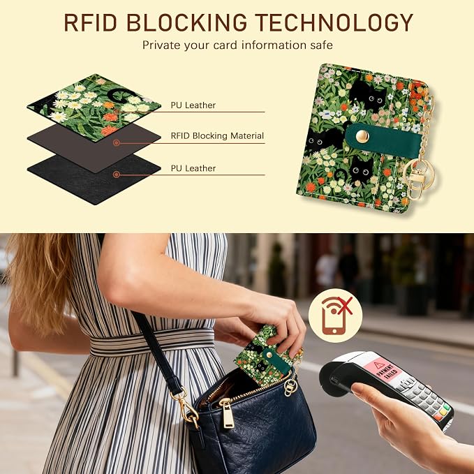 Jogjam Black Cat Floral Rfid Women Wallet, Small Slim Credit Card Holder | Thin, PU Leather Bifold, Cash Zipper Coin Pocket, ID Window, For Female Ladies Teen Girls Girly, Down Size - Image 3