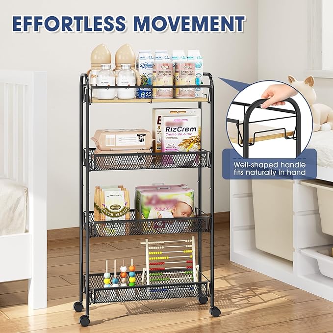 TOOLF 4-Tier Slim Rolling Cart, Metal Utility Cart, Slide Out Storage Cart with Wooden Tabletop and Mesh Baskets for Narrow Space on Kitchen Bathroom Laundry Room Bedroom Apartments Dormitory - Image 3
