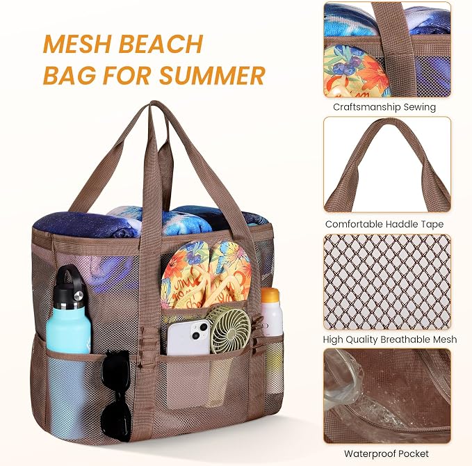Tavaleu Mesh Beach Bag, Large Capacity Beach Tote, Multi Pockets, Sandproof | Mesh Material, Multiple Storage Pockets, Lightweight & Foldable Design, For Beach & Pool Use, Easy to Clean & Quick Dry - Image 5