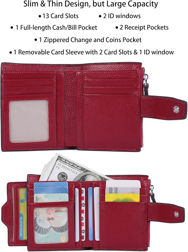 Women's RFID Blocking Leather Small Compact Bi-fold Zipper Pocket Wallet Card Case Purse with id Window - Image 2