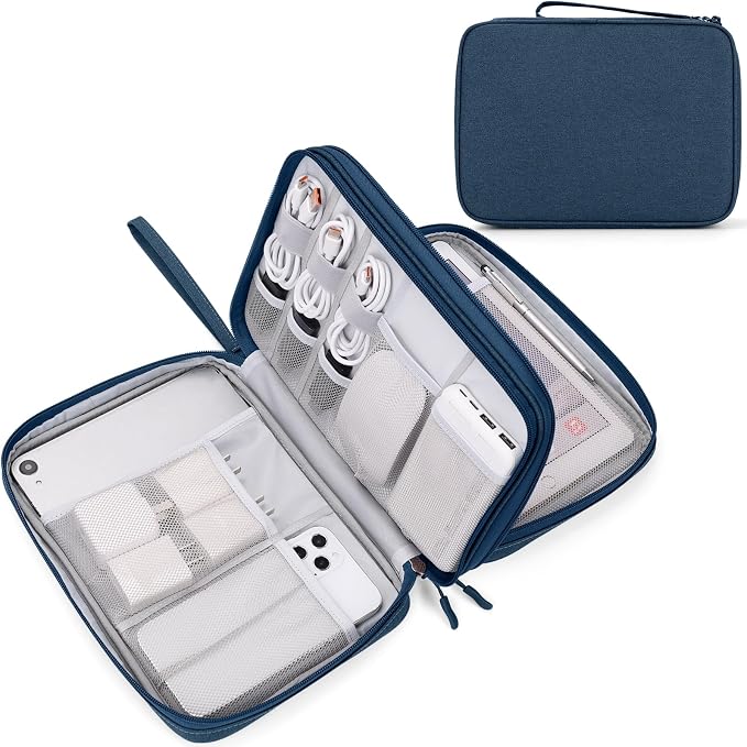 FYY Electronic Organizer, Travel Tech Pouch Bag, Extra Large, Navy | Wrist Strap, Waterproof, Double Layers Electronics Travel Case for iPad, Cord, Laptop Charger, Daily and Business Trips Use by FYY
