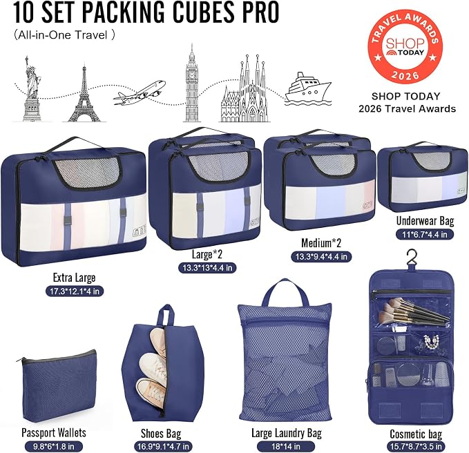 Veken 10 Set Packing Cubes for Travel Essentials,Anti-Wrinkle Buckled Suitcase Organizer for Shoe & Toiletry Bag,Carry On Luggage Bag with 99+ Count Mesh Holes for Airplane & College Dorm Accessories - Image 2