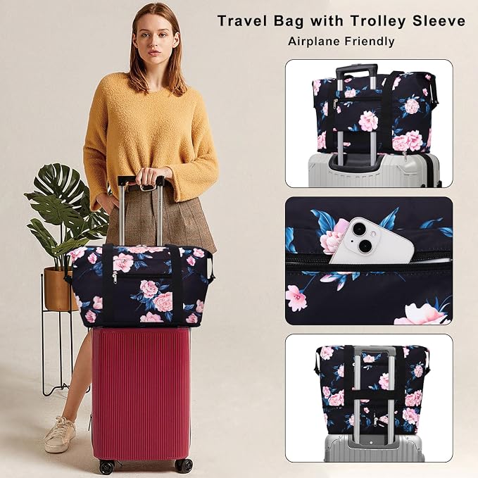Expandable Duffel Bag for Women with Trolley Sleeve/Wet Pocket Weekender Travel Tote Large Carry On Overnight Luggage - Image 2