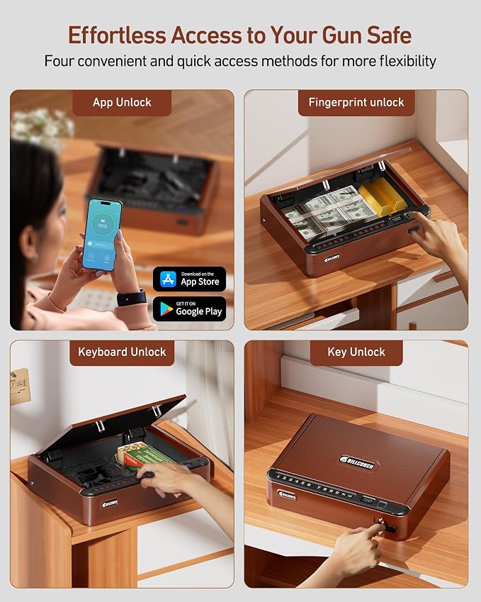 BILLCONCH Smart Gun Safe with Fingerprint, App, Keypad,LCD& Security Cable | Handgun Safe with 4 Quick-Access Methods, Voice Guidance, Built-in LED Light, Ideal for Nightstand, Bedside and Home - Brown - Image 6