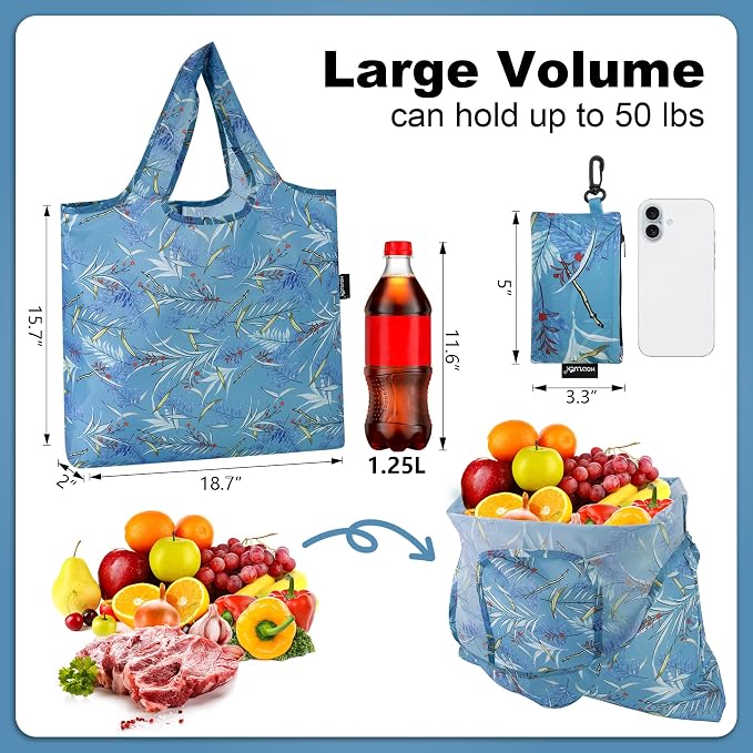 HOLYLUCK Reusable Grocery Bags,Heavy Duty Foldable Shopping Tote Bag (Standard, Blue leaves) - Image 3