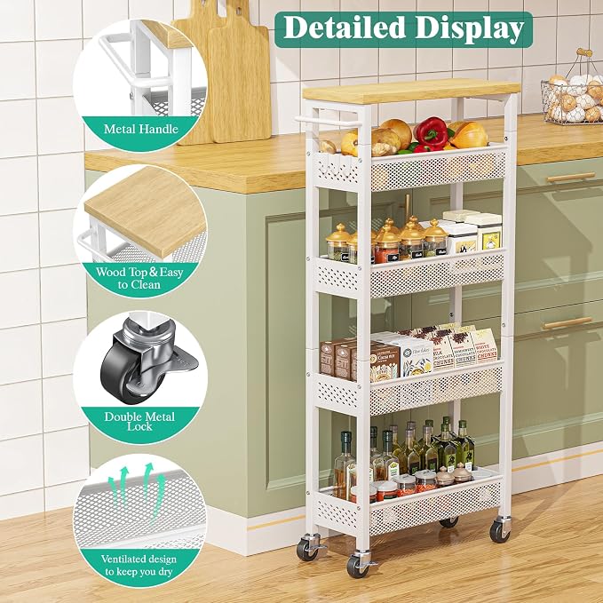 Slim Storage Cart 5 Tier Narrow Kitchen Rolling Cart on Wheels for Small Space, Metal Utility Cart Narrow Bathroom Storage Cabinet Mobile Shelf Unit Organizer with Wood Top and Handle, White - Image 5