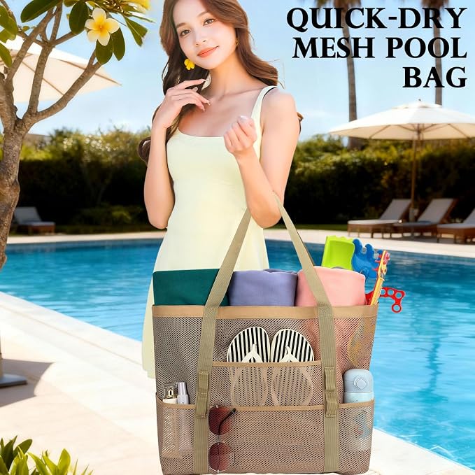 Fammart Mesh Beach Bag for Women, Large Beach Toy Pool Bag with Zipper Pocket, SandProof Cruise Essentials 2026 Family Travel - Image 2