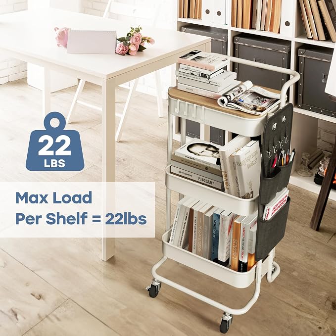 DTK 3-Tier Rolling Cart with Table Top, Metal Utility Cart with Side Bags | Tray Storage Organizer, Lockable Wheels, 4 Hooks, Art Cart for Kitchen, Bathroom, Office, Craft room, Living room, White - Image 3