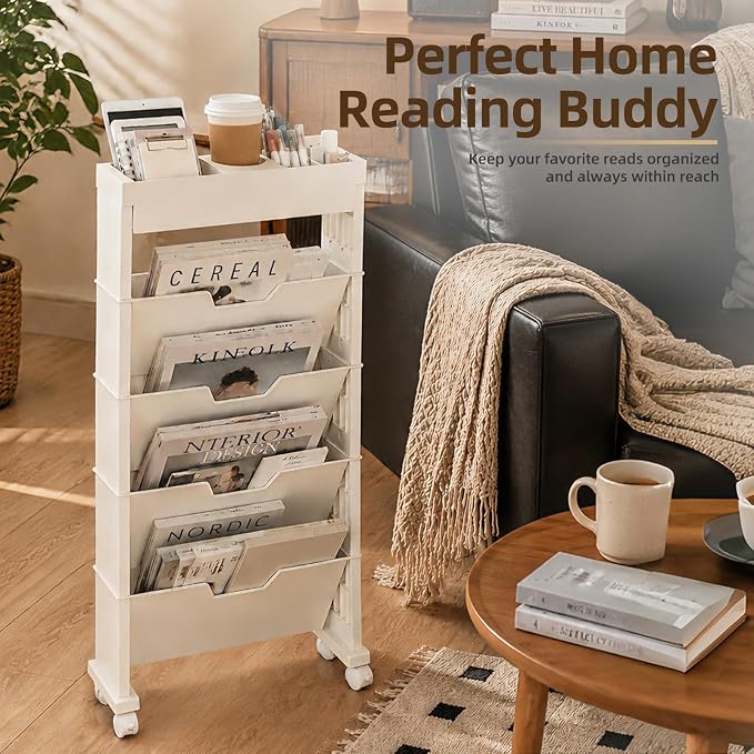 5-Tier Rolling Bookshelf, Rolling Book carts with wheels,Book Storage Rack | Utility Carts, Movable File Folder Organizer Cart for Home,Study,Office,Living Room,Classroom - Image 8