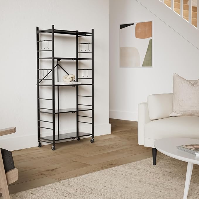 Himix 5-Tier Foldable Storage Shelves with 20 Hooks Wheels Kitchen Black | Folding shelving units, Metal collapsible organization, Wire rack, No assembly, Bookshelf, Garage, Pantry, Holds 440 Ibs - Image 2