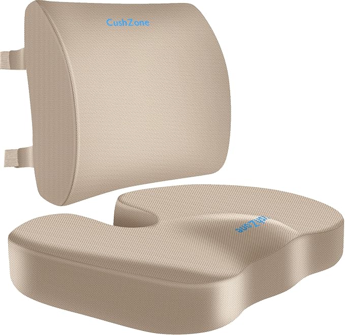 CushZone Seat Cushion and Lumbar Support Pillow for Office Chair, Khaki | Ergonomic Memory Foam for Sciatica Pain Relief & Posture Correction, Non-Slip Chair Cushions for Car, Wheelchair and Travel by CushZone