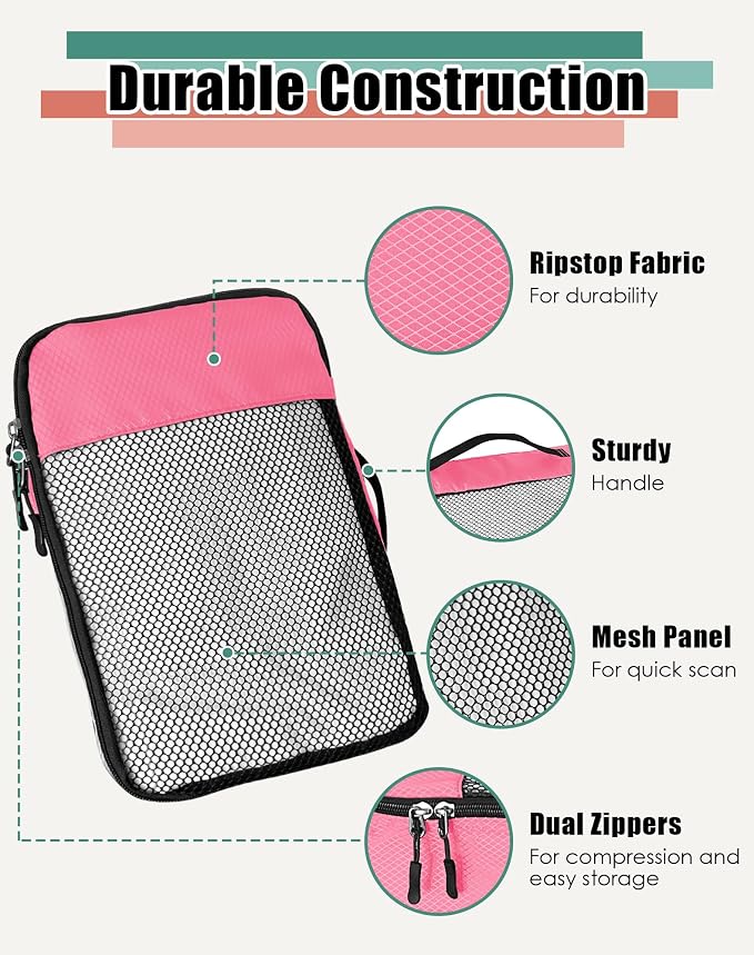 WTREE 4-Piece Packing Cubes Travel Accessories Set for Suitcases - Luggage Organizer Bags with Double Zipper - Mesh Top - Small - Pink - Image 6