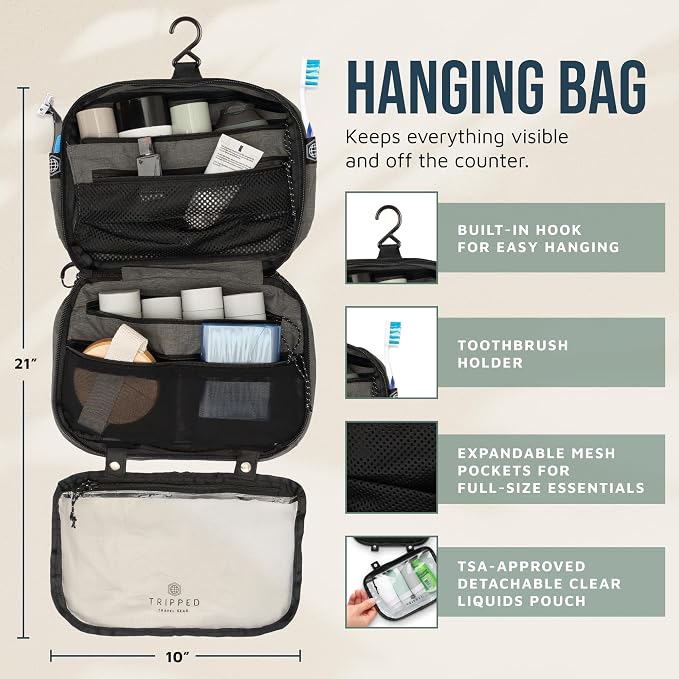 TRIPPED Travel Gear 3-Piece Travel Toiletry Bag Set | Includes Hanging Toiletry Bag, 311 TSA Liquid Bag, and Accessory Organizer Pouch with Lightweight Ripstop Construction - Image 3