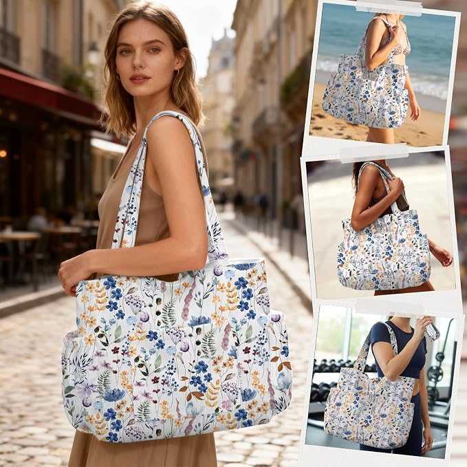 Corduroy Tote Bag for Women,Large Capacity Cute Tote Bags With 6 Pockets,Crossbody Shoulder Handbag for Work Travel Gym - Image 2