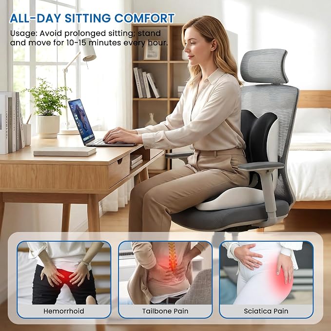 Car Seat Cushion Reducing Sciatica Pressure, Back & Tailbone Comfort | Hollow Design for Coccyx, Double-Sided Anti-Slip, L-Shaped Ergonomic Memory Foam Lumbar Cushion, Suitable for Long Sitting - Image 3