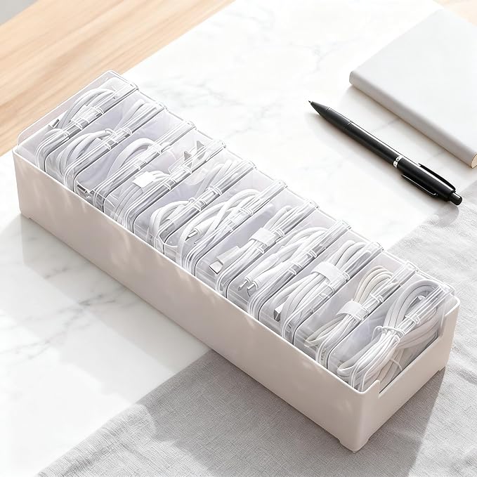 11 Grid Clear Cable Organizer Box with Switch for Desktop Cord Storage | Office desktop use, home wire sorting, stationery storage, detachable dividers, tidy cable arrangement by DTHUIHUA